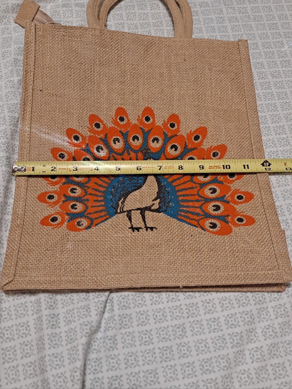Peacock Jute Tote Bag in Natural with Orange & Blue Print - Picture 2 of 6